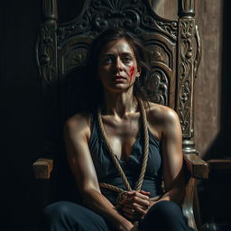 An old wooden chair with intricate carvings, where a woman in her 30s is sitting tied to the chair with ropes