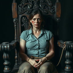 An old wooden chair with intricate carvings, where a woman in her 30s is sitting tied to the chair with ropes