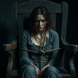 An old, rotten wooden chair with visible decay and wear, where a woman in her 30s is sitting tied to the chair with ropes