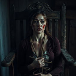 An old, rotten wooden chair with visible decay and wear, where a woman in her 30s is sitting tied to the chair with ropes