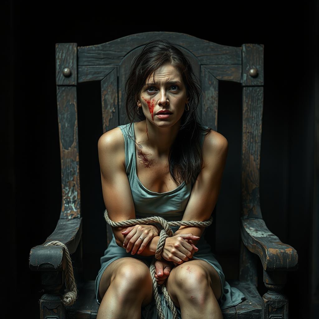 An old, rotten wooden chair with visible decay and wear, where a woman in her 30s is sitting tied to the chair with ropes