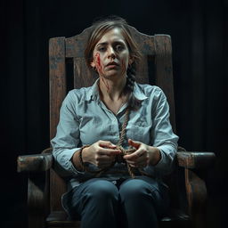 An old, rotten wooden chair with visible decay and wear, where a woman in her 30s is sitting tied to the chair with ropes