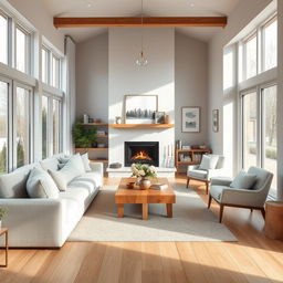 A warm and inviting living room with modern Scandinavian decor