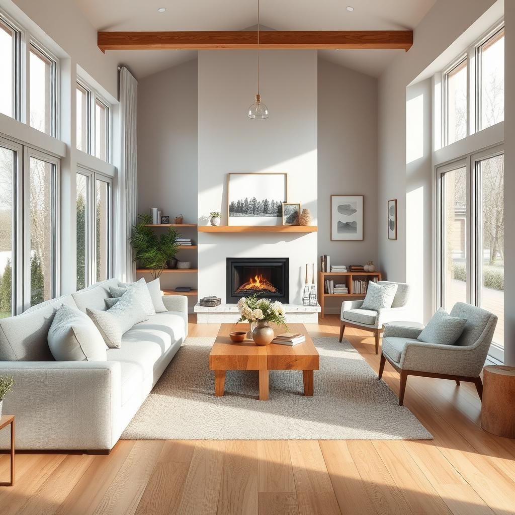 A warm and inviting living room with modern Scandinavian decor