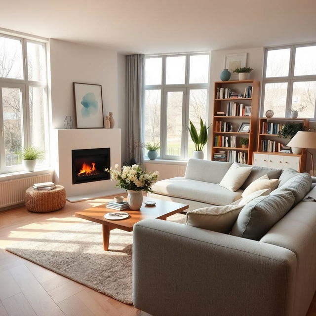 A warm and inviting living room with modern Scandinavian decor