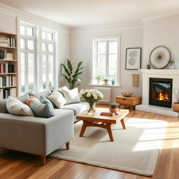 A warm and inviting living room with modern Scandinavian decor