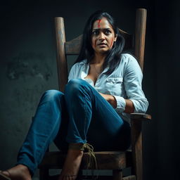 An Indian woman in her 30s, dressed in blue jeans and a white shirt, is sitting tied to an old, rotten wooden chair