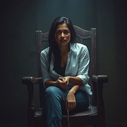 An Indian woman in her 30s, dressed in blue jeans and a white shirt, is sitting tied to an old, rotten wooden chair