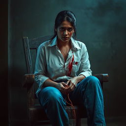 An Indian woman in her 30s, dressed in blue jeans and a white shirt, is sitting tied to an old, rotten wooden chair