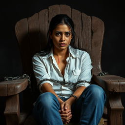 An Indian woman in her 30s, dressed in blue jeans and a white shirt, is sitting tied to an old, rotten, and broken wooden chair with steel chains