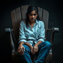 An Indian woman in her 30s, dressed in blue jeans and a white shirt, is sitting tied to an old, rotten, and broken wooden chair with steel chains