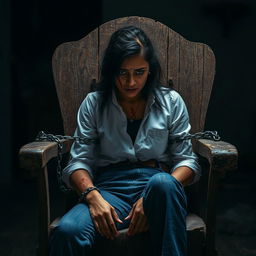 An Indian woman in her 30s, dressed in blue jeans and a white shirt, is sitting tied to an old, rotten, and broken wooden chair with steel chains