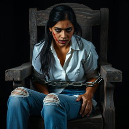 An Indian woman in her 30s, dressed in blue jeans and a white shirt, is sitting tied to an old, rotten, and broken wooden chair with steel chains