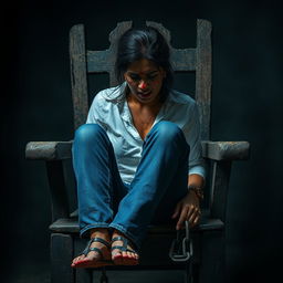 An Indian woman in her 30s, dressed in blue jeans and a white shirt, is sitting on an old, rotten, and broken wooden chair, tied with steel chains