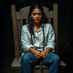 An Indian woman in her 30s, dressed in blue jeans and a white shirt, is sitting on an old, rotten, and broken wooden chair, tied with steel chains