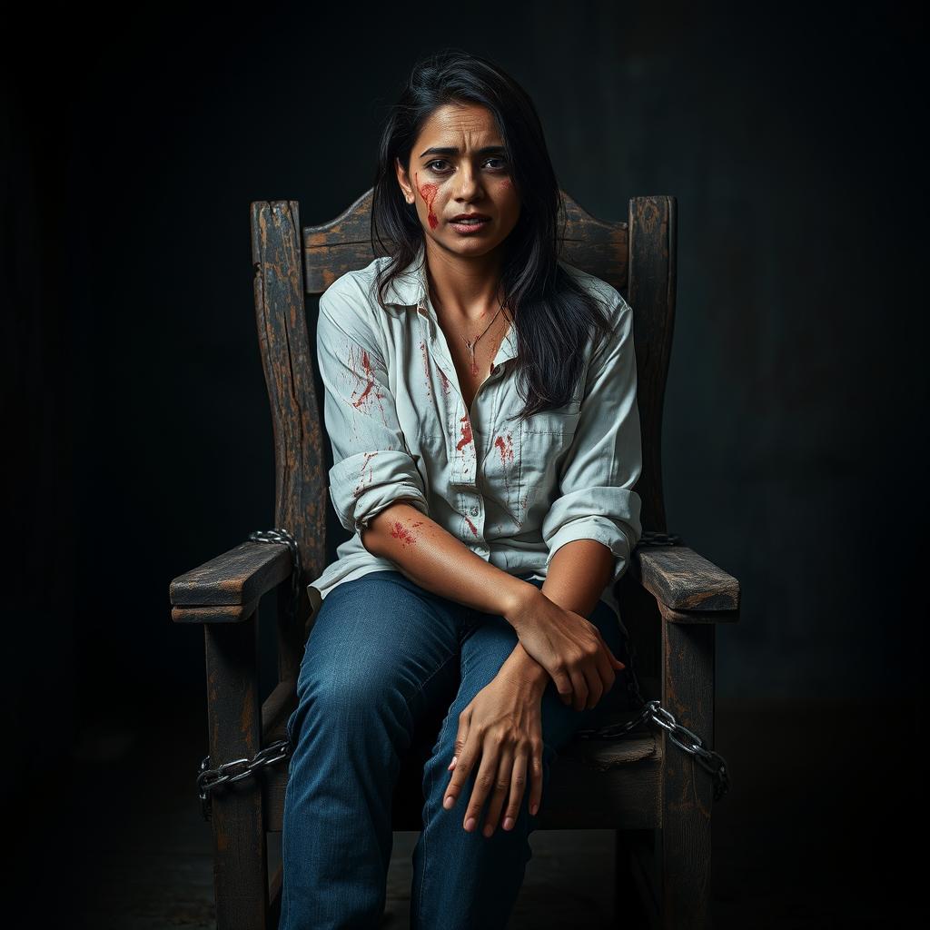 An Indian woman in her 30s, dressed in blue jeans and a white shirt, is sitting on an old, rotten, and broken wooden chair, tied with steel chains