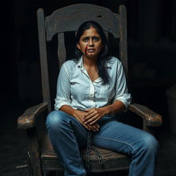 An Indian woman in her 30s, dressed in blue jeans and a white shirt, is sitting on an old, rotten, and broken wooden chair, tied with steel chains