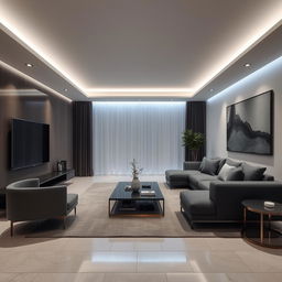 A modern and elegant living room featuring subtle cool lights