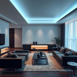 A modern and elegant living room featuring subtle cool lights