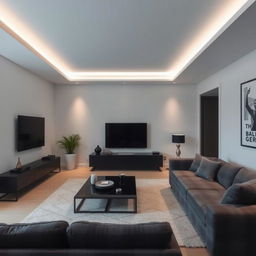 A modern and elegant living room featuring subtle cool lights