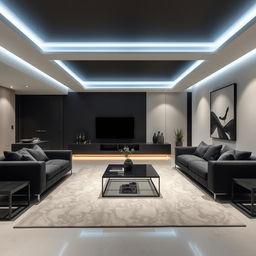 A modern and elegant living room featuring subtle cool lights