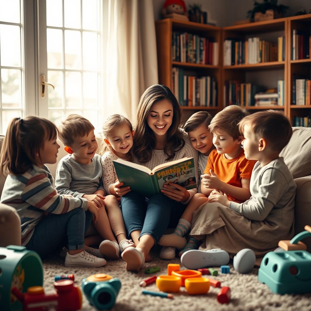 A single mom, surrounded by her children, in a cozy living room