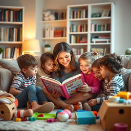 A single mom, surrounded by her children, in a cozy living room