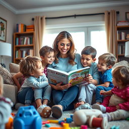 A single mom, surrounded by her children, in a cozy living room