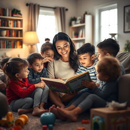 A single mom, surrounded by her children, in a cozy living room