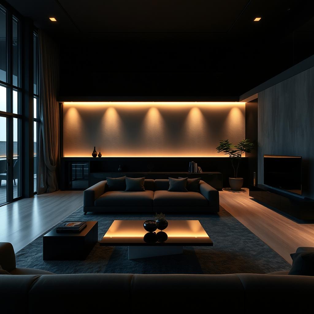 A modern and elegant living room featuring only a few cool lights