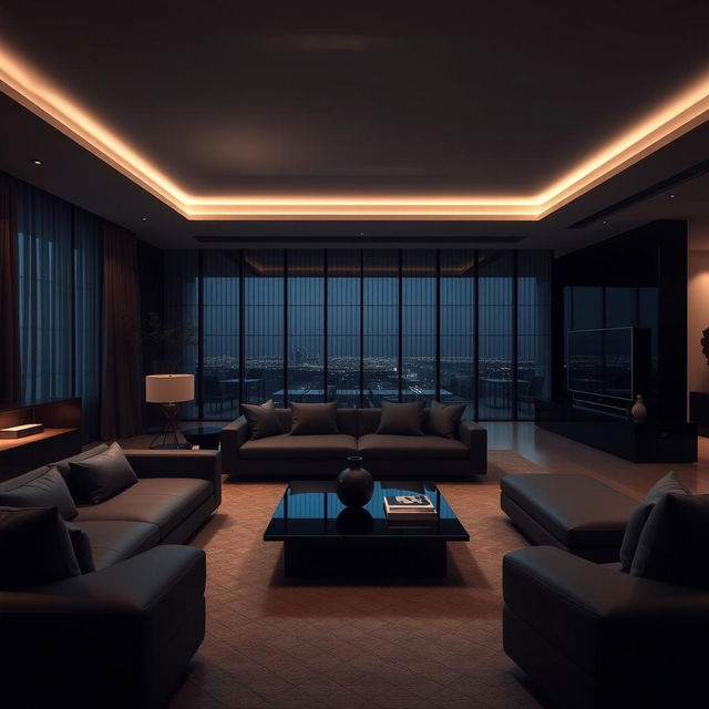 A modern and elegant living room featuring only a few cool lights