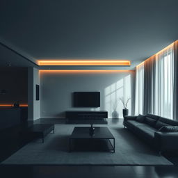 A modern and elegant living room featuring only a few cool lights