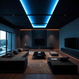 A modern and elegant living room featuring only a few cool lights