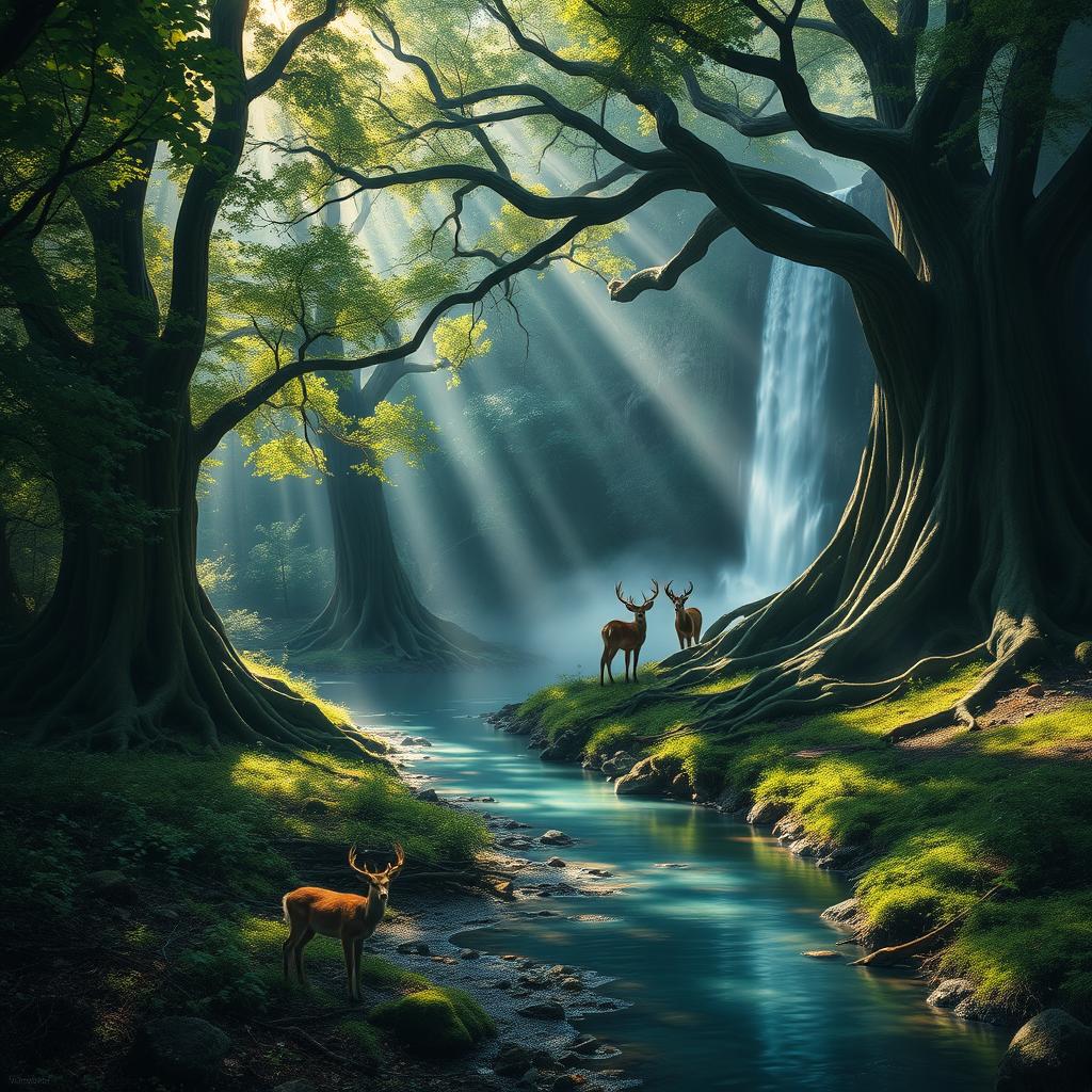 A serene landscape depicting a mystical forest with towering ancient trees, their roots intertwined