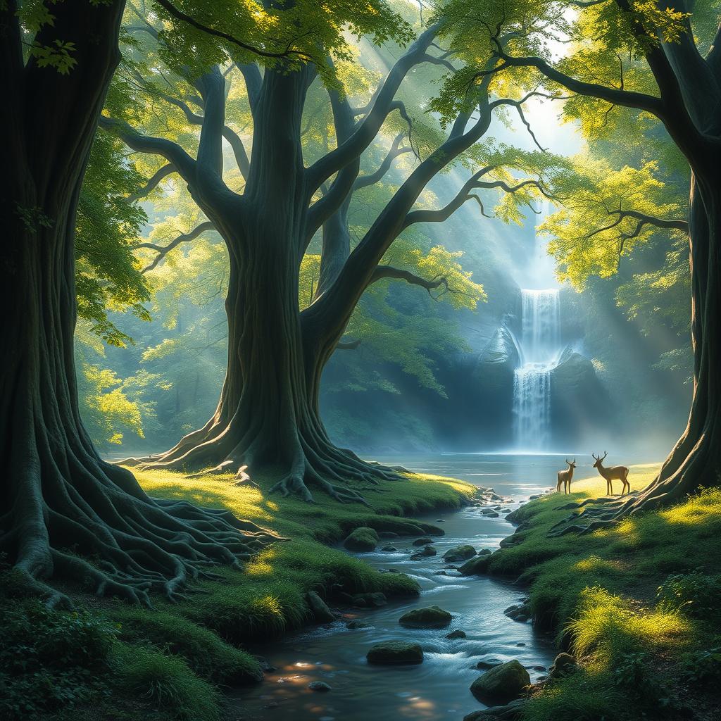 A serene landscape depicting a mystical forest with towering ancient trees, their roots intertwined