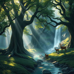 A serene landscape depicting a mystical forest with towering ancient trees, their roots intertwined