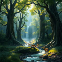 A serene landscape depicting a mystical forest with towering ancient trees, their roots intertwined