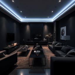 A modern and elegant living room highlighted by only cool lights