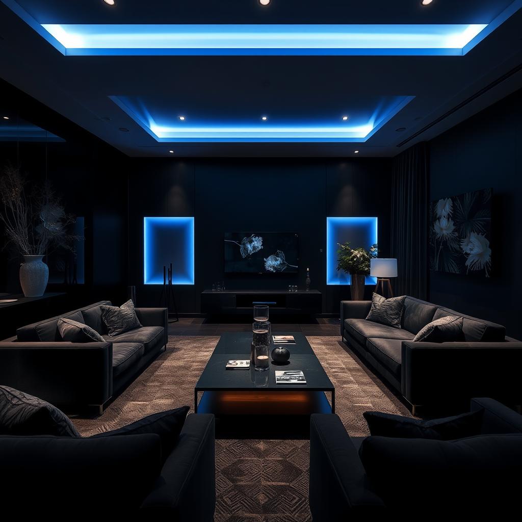 A modern and elegant living room highlighted by only cool lights