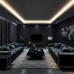 A modern and elegant living room highlighted by only cool lights