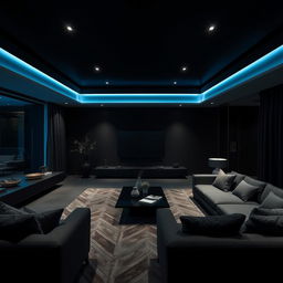 A modern and elegant living room highlighted by only cool lights