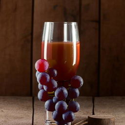 A clear glass filled with grape juice placed beside a beautiful design made from fresh purple grapes, all against a rustic wooden backdrop.