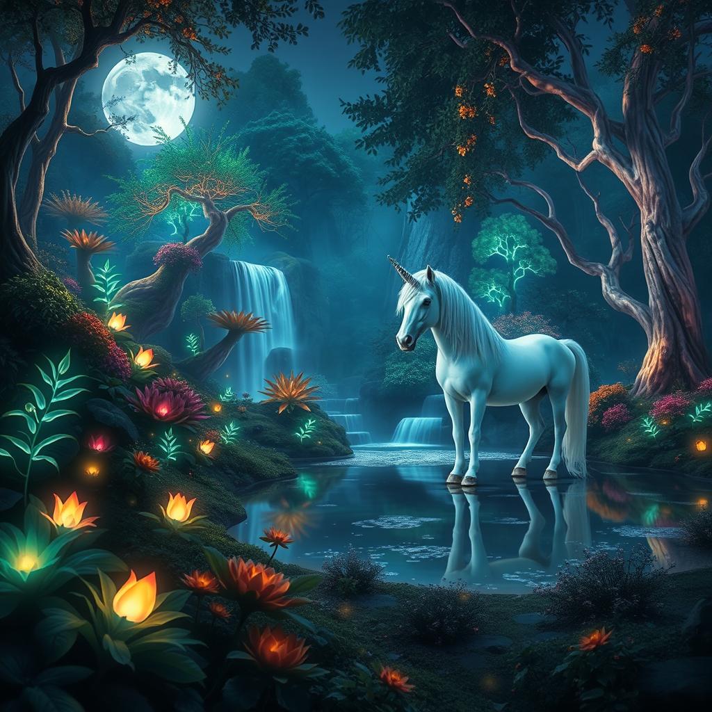 A mystical forest landscape featuring vibrant, bioluminescent plants and trees, with soft glowing lights illuminating the scene