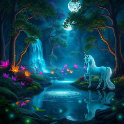 A mystical forest landscape featuring vibrant, bioluminescent plants and trees, with soft glowing lights illuminating the scene