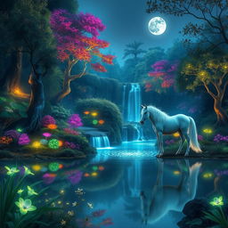 A mystical forest landscape featuring vibrant, bioluminescent plants and trees, with soft glowing lights illuminating the scene