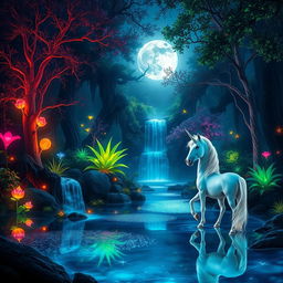 A mystical forest landscape featuring vibrant, bioluminescent plants and trees, with soft glowing lights illuminating the scene