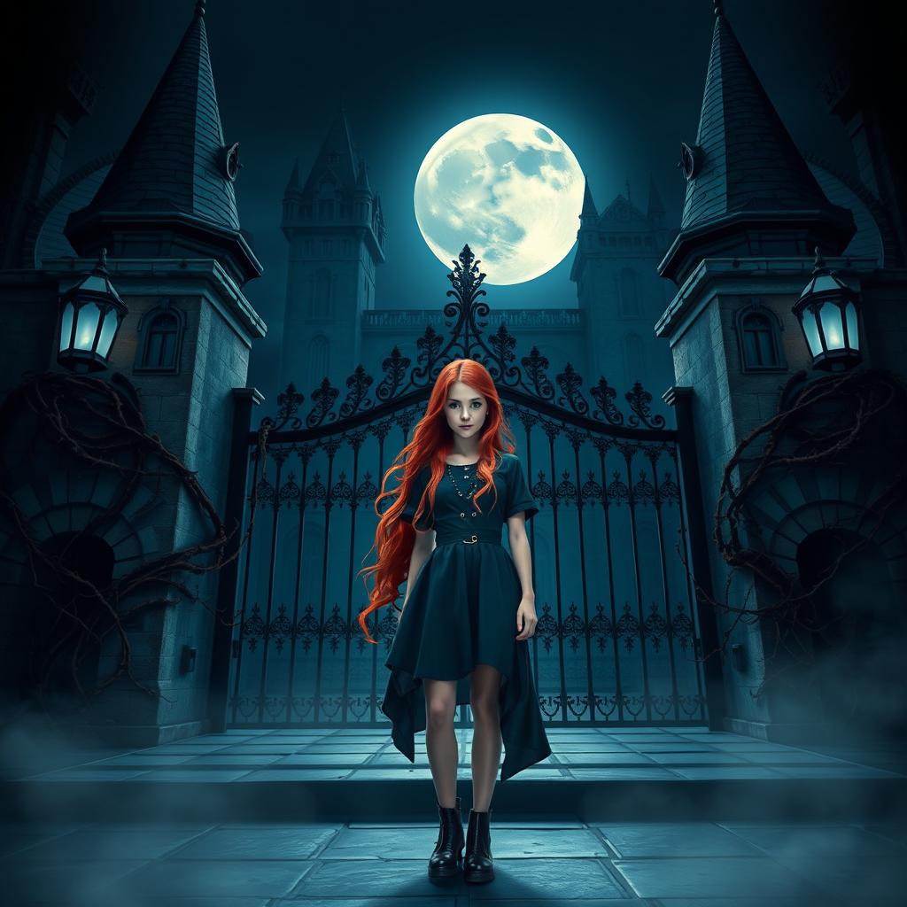 A captivating book cover for a dark fantasy novel featuring a girl with long red hair standing confidently in front of the grand gates of a Gothic Victorian academy