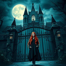 A captivating book cover for a dark fantasy novel featuring a girl with long red hair standing confidently in front of the grand gates of a Gothic Victorian academy