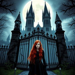 A captivating book cover for a dark fantasy novel featuring a girl with long red hair standing confidently in front of the grand gates of a Gothic Victorian academy