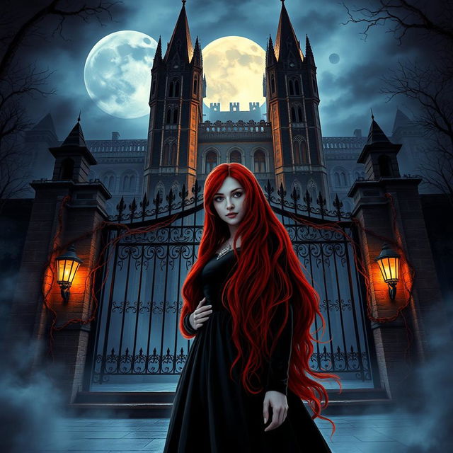 A captivating book cover for a dark fantasy novel featuring a girl with long red hair standing confidently in front of the grand gates of a Gothic Victorian academy